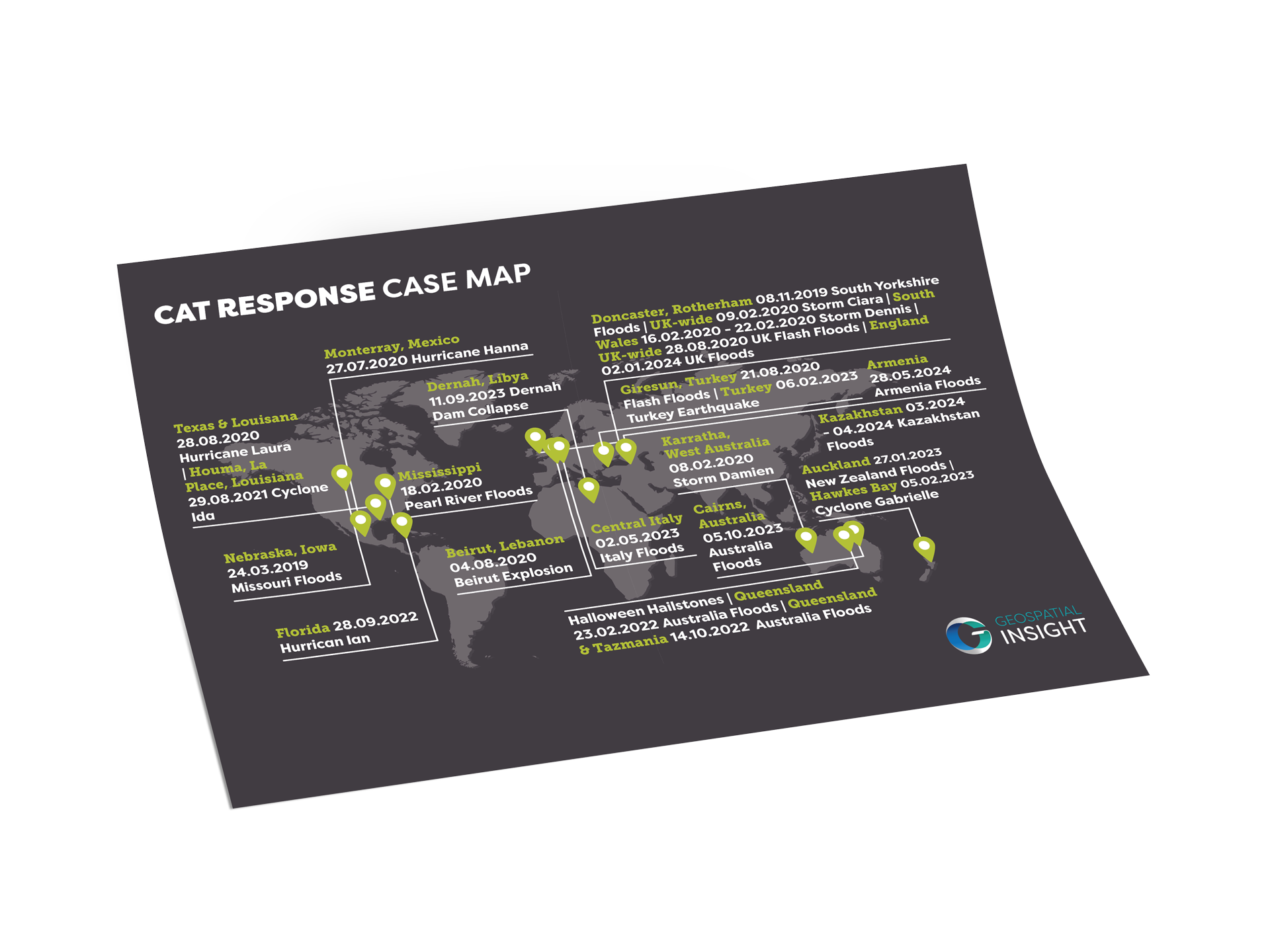 A map of the world with different dates to represent the catastrophe responses Geospatial Insight has analysed.
