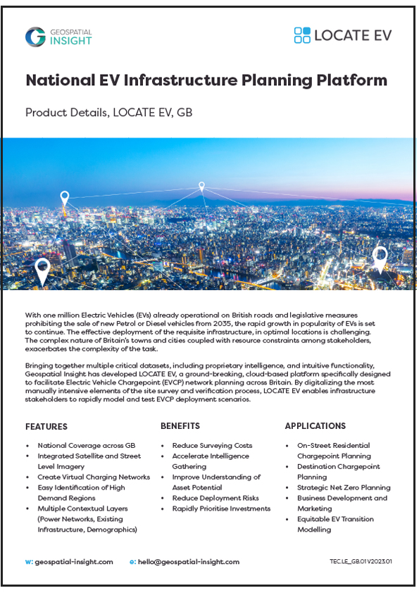 Cover of the LOCATE EV product sheet, showcasing features for electric vehicle chargepoint planning and grid analysis in the UK.