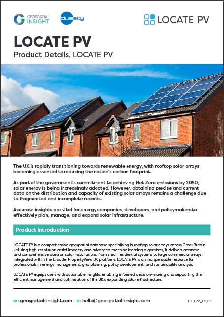 Cover of the LOCATE PV product sheet, showcasing rooftop solar planning features with UK coverage and high-resolution data integration.