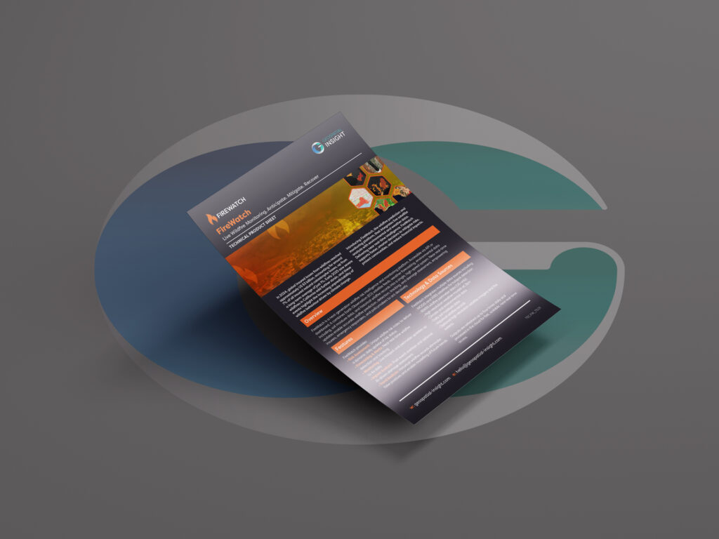 Mock-up of the FireWatch technical product sheet (dark version), with black and orange branding. The sheet highlights wildfire monitoring and modelling using satellite data, AI, and real-time alerts, supported by imagery panels of fire-affected landscapes and technical overview sections.