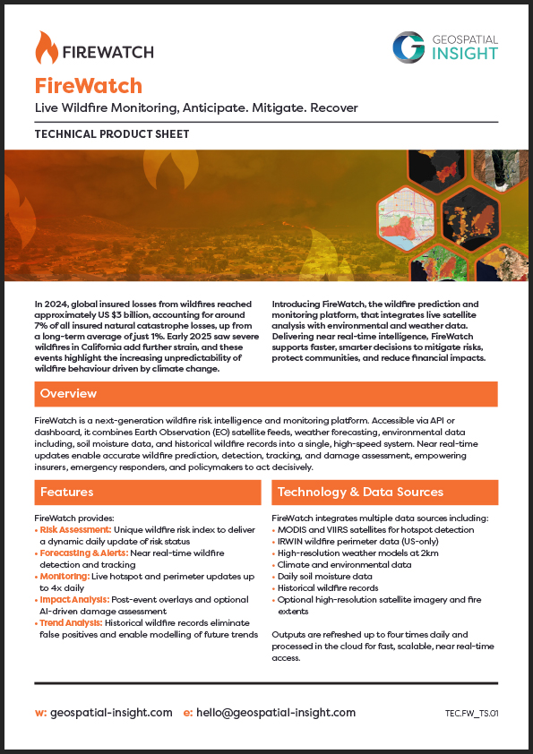 Cover of the FireWatch light product sheet, featuring white and orange branding with wildfire imagery and the tagline highlighting real-time wildfire monitoring and intelligence.
