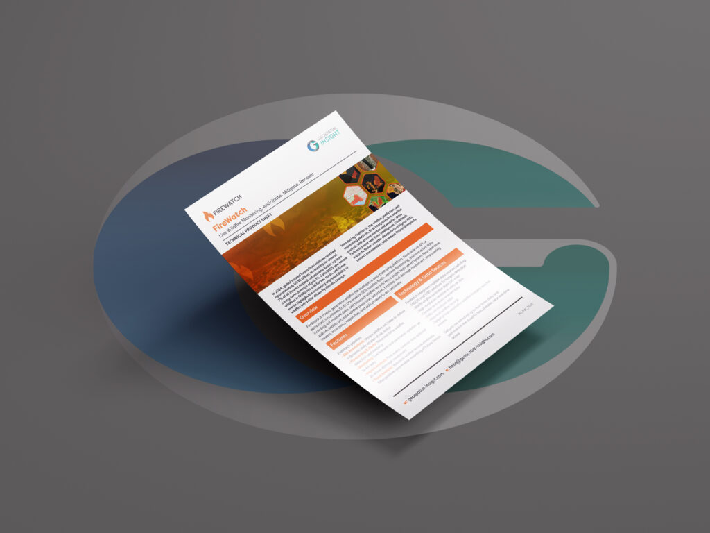 Mock-up of the FireWatch technical product sheet (light version), with white and orange branding. The sheet highlights wildfire monitoring and modelling using satellite data, AI, and real-time alerts, supported by imagery panels of fire-affected landscapes and technical overview sections.