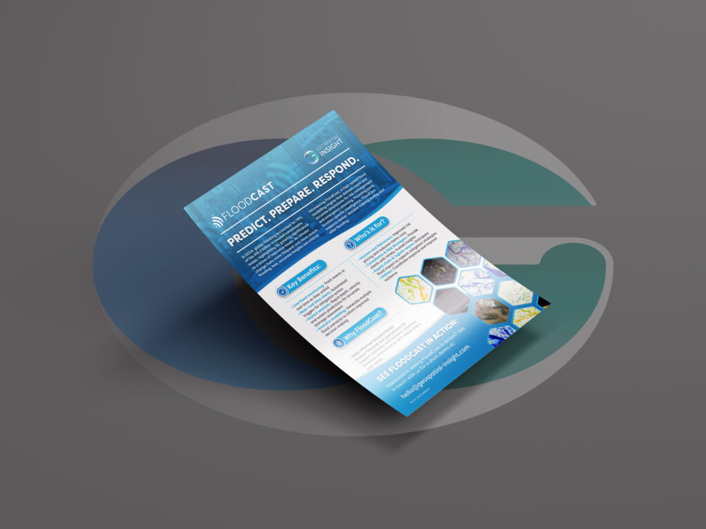 Mock-up of a FloodCast generic flyer, showing geospatial maps and flood visuals, with branding in blue and white. The flyer highlights FloodCast’s flood modelling and monitoring capabilities, and features sections for product overview, use-cases, and data insights for flood forecasting and preparedness.
