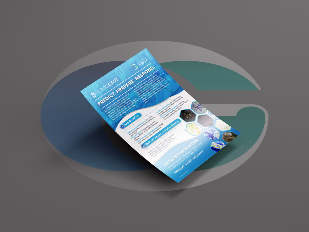 Mock-up of a FloodCast insurance flyer, featuring blue and white branding with geospatial flood maps and visuals. The flyer highlights FloodCast’s flood modelling capabilities for insurers and reinsurers, focusing on improved risk pricing, reduced claims costs, and resilience planning with real-time flood monitoring and scenario modelling.