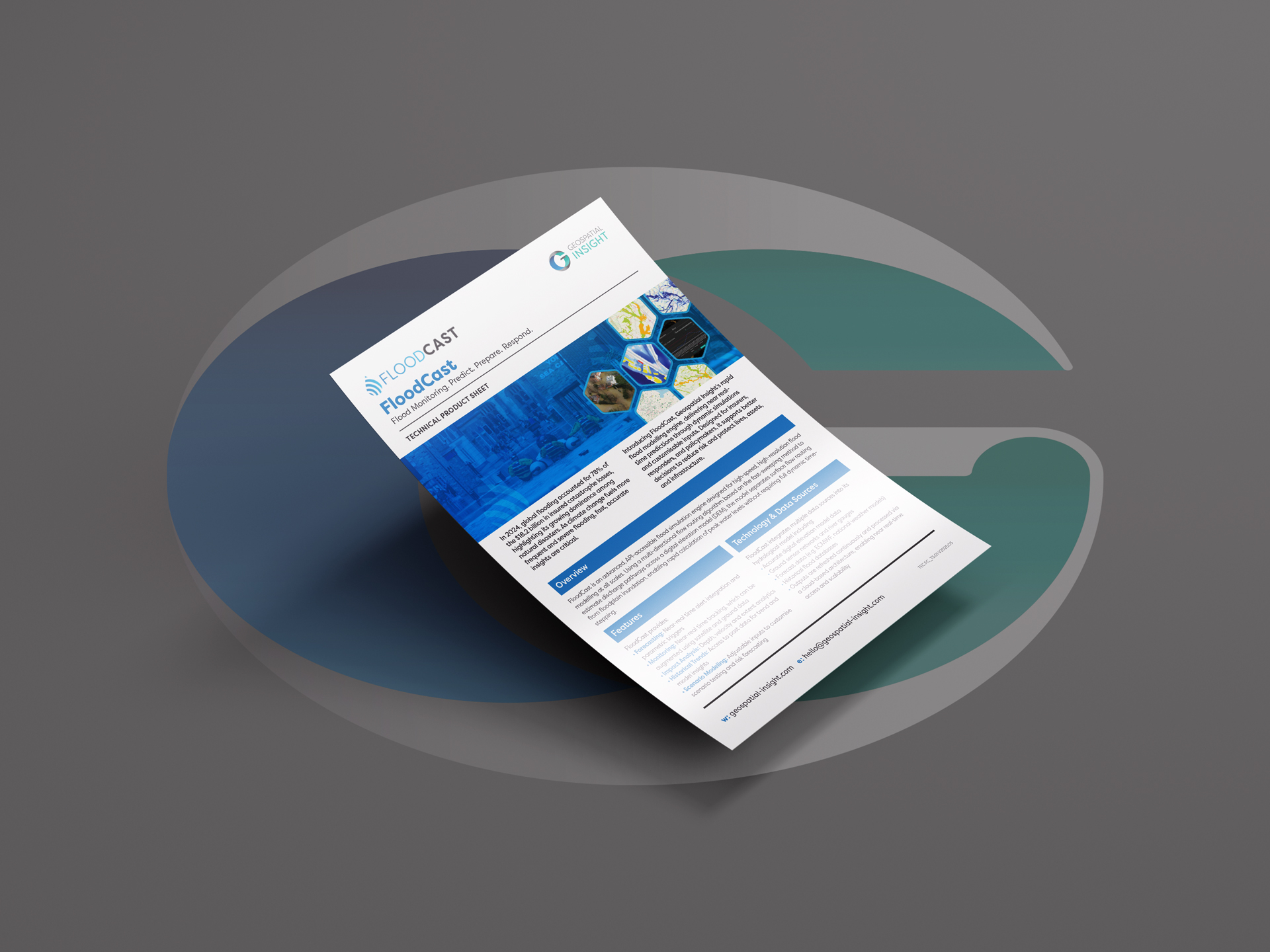 Mock-up of a FloodCast technical product sheet from Geospatial Insight, displayed on a grey background. The sheet highlights flood monitoring and flood modelling capabilities with the tagline ‘Predict. Prepare. Respond.’ It features blue and white branding, hexagonal map and flood imagery, and sections titled ‘Overview’ and ‘Technology & Data Sources.